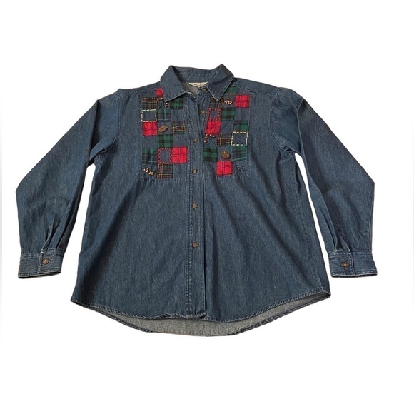 SUSAN BRISTOL Fall Denim Shirt Women Long Sleeve Tartan Patched Chambray Medium - Picture 2 of 14